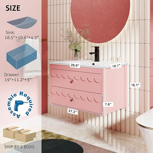 eclife 30" Floating Bathroom Vanity with Sink Combo, Modern Painted Wall-Mounted Vanities Storage Cabinet with Scalloped Decor, Undermount Basin, Faucet, Drain, Pink