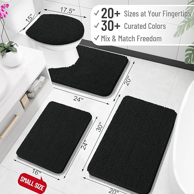 OLANLY Black Bathroom Rug 30x20, Extra Soft Absorbent Chenille Bath Rugs | Non-Slip Quick-Drying Rubber Backing, Machine Washable Plush Bath Mat for Floor, Tub and Shower, Home Decor Accessories