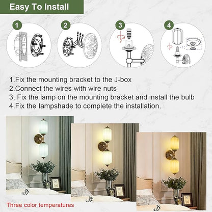 Vintage Milk Glass Bathroom Vanity Light, 2-Light Vintage Wall Sconce with Antique Brass Finish Base & Green Glass Shad, Wall Sconce Lighting for Mirror, Living Room, Gallery (Bulbs Included)