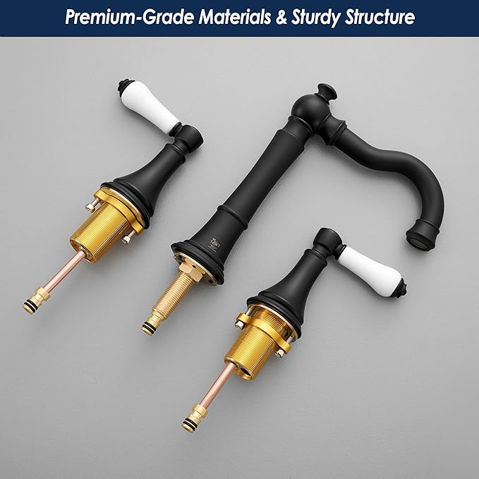 Porcelain 2-Handle Bathroom Faucet Matte Black 8 inch Widespread with Plastic Pop-Up Drain & 2Pcs Water Supply Lines, Classical 3-Hole Vanity Sink Faucets, High Arc 360° Swivel Brass Spout
