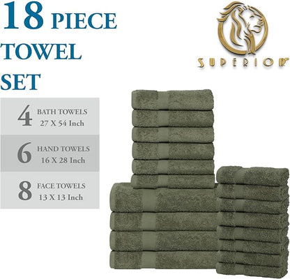 SUPERIOR 18-Piece Cotton Assorted Towel Set, Includes 8 Face Towel, 6 Hand, and 4 Bath Towels, Home, Bathroom, Guest Bath Essentials, Quick Dry, Absorbent, Franklin Collection - Forest Green