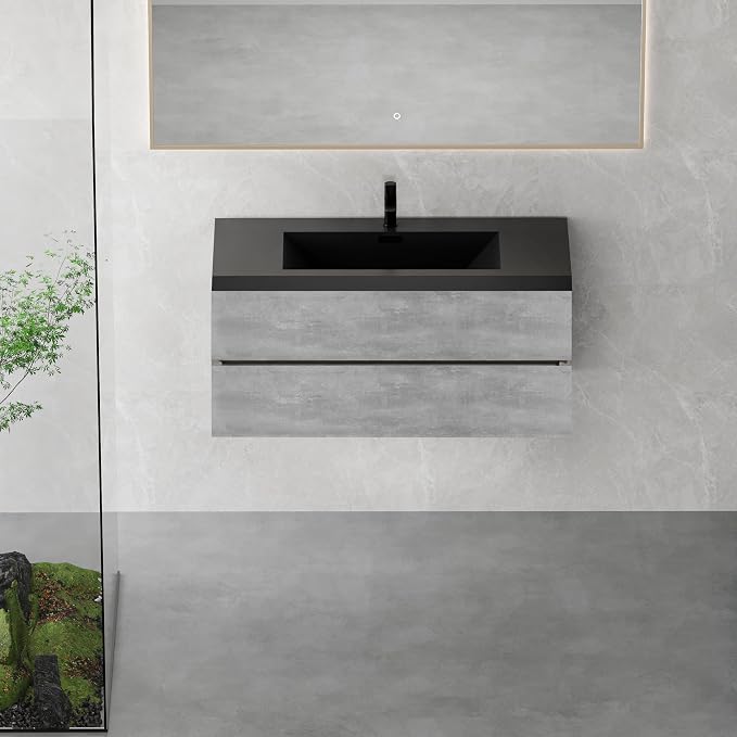 48" Floating Bathroom Vanity with Sink, Modern Wall-Mounted Bathroom Storage Vanity Cabinet with Two Black Quartz Sand Top Basins and Four Soft Close Drawers, Cement Grey
