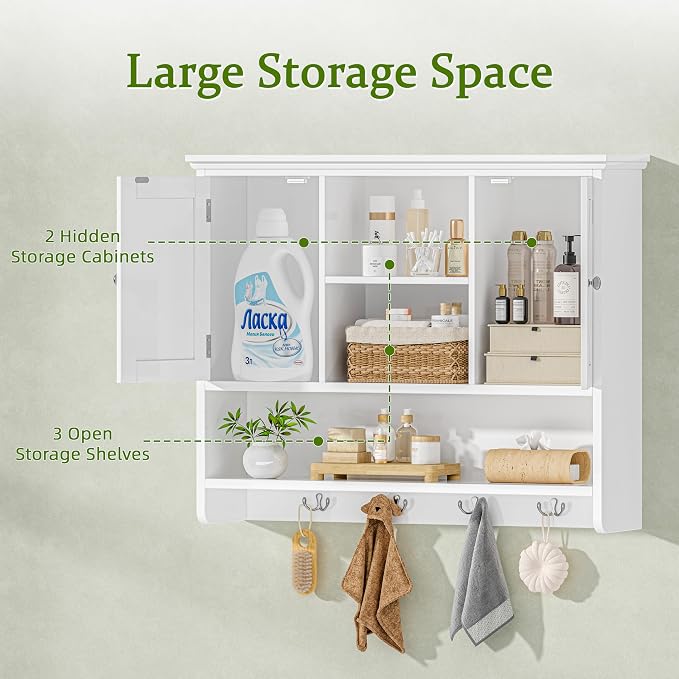 Bathroom Wall Cabinet with Doors and Hooks, 3-Tier Wall Mounted Cabinet | Farmhouse Medicine Cabinet with 3 Open Shelves, Over the Toilet Storage Cabinet for Kitchen, Laundry Room, Living Room, White
