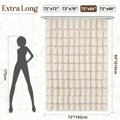 Extra Long Farmhouse Shower Curtains for Bathroom with Ruffle, 72"Wx84"L | Ruffle Design, Vintage Rustic Boho, Washable Waterproof Shower Curtain for Bathroom Bathtub, 12 Metal Hooks