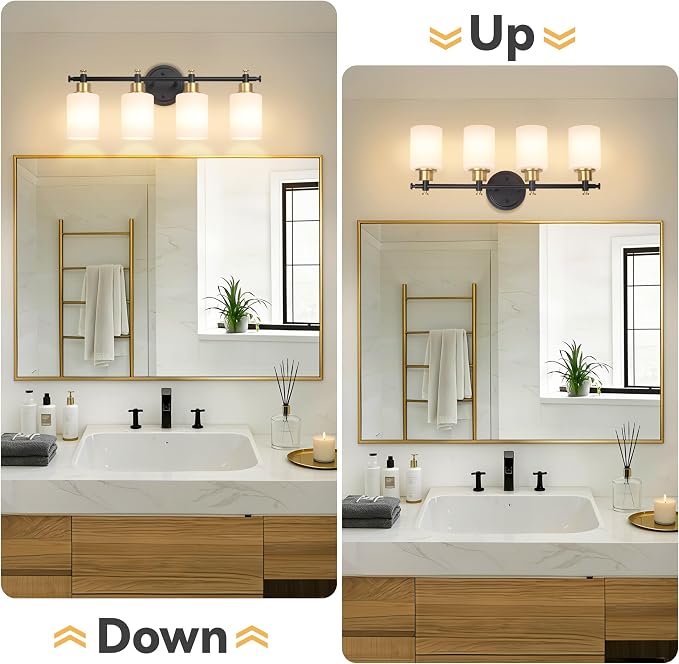 23 Inch 4-Light Bathroom Vanity Light, Modern Black and Gold Vanity Light | 23'' Bathroom Wall Sconce With White Frosted Glass Shades, Anti-Rust Vanity Light Fixture Over Mirror, E26(Bulb Not Include)