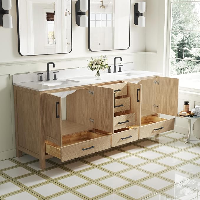 80-Inch Bathroom Vanity with Sink, 4 Soft-Close Doors and 6 Soft-Close Drawers, Bathroom Freestanding Vanity with Cultured Marble Countertop, Oak Vanity with Matte Black Handles