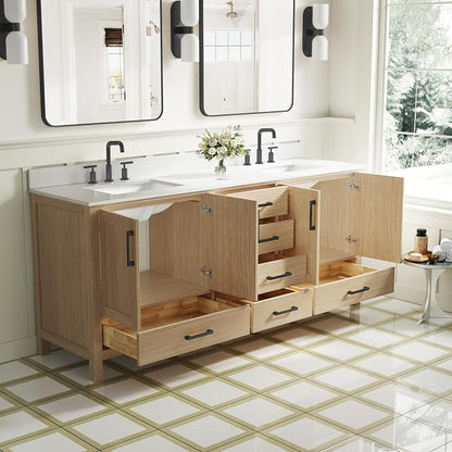 80-Inch Bathroom Vanity with Sink, 4 Soft-Close Doors and 6 Soft-Close Drawers, Bathroom Freestanding Vanity with Cultured Marble Countertop, Oak Vanity with Matte Black Handles