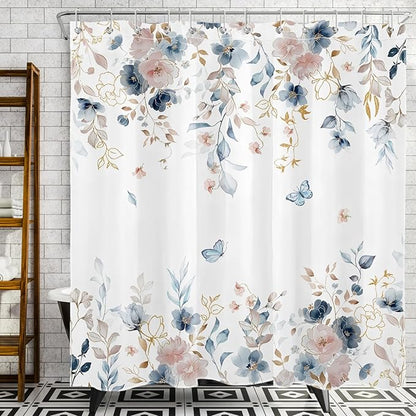 Pink Floral Shower Curtain for Bathroom, Pink and Blue Flower Butterfly Country Nature Fabric Bathroom Curtain Set with Hooks, 72 x 72 Inch