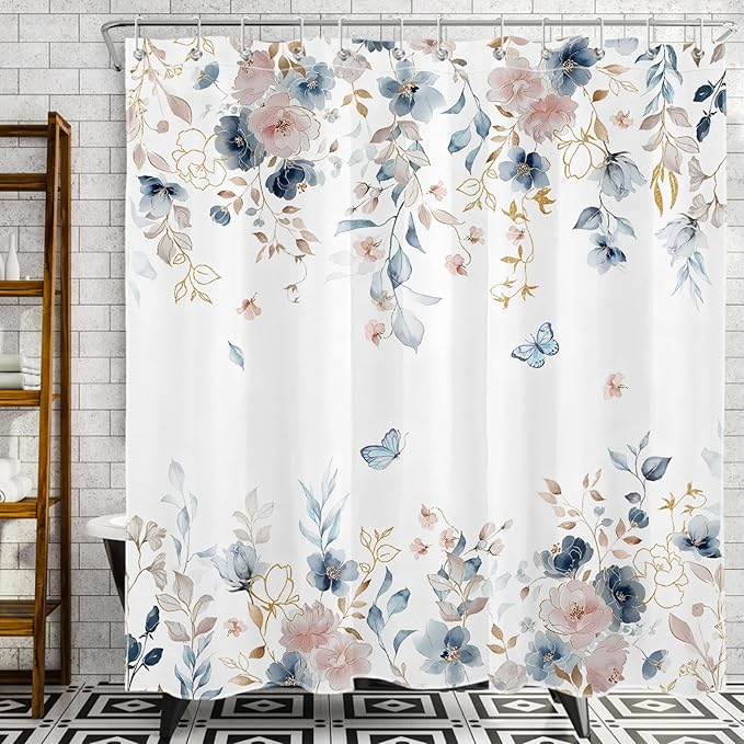 Pink Floral Butterfly Shower Curtain Blue and Gold Flower Design Country Botanical Nature Bathroom Decor with Hooks, 72 x 78 Inch