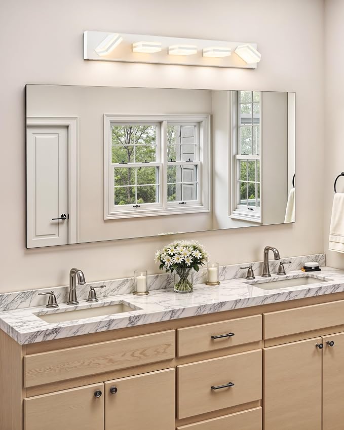 VONLUCE LED Modern Bathroom Vanity Light Fixture, Matte White | 34'', 5-Light, 3CCT, 360° Rotate, High CRI, Flicker-free, Dimmable, Memory Function, Waterproof IP44, Easy Installation