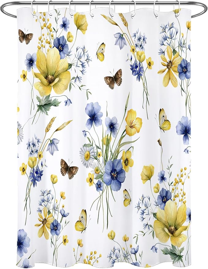HVEST Farmhouse Floral Shower Curtain with Hooks, Blue and Yellow Flower and Butterfly on White Shower Curtain for Bathroom, Rustic Wildflower Bathroom Curtains Shower Set, 48X72 inch