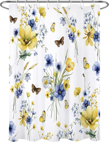 HVEST Farmhouse Floral Shower Curtain with Hooks, Blue and Yellow Flower and Butterfly on White Shower Curtain for Bathroom, Rustic Wildflower Bathroom Curtains Shower Set, 48X72 inch