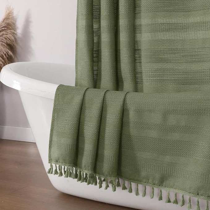 Sage Green Shower Curtain for Bathroom, Boho Linen Textured Shower Curtain with Tassel, Rustic Striped Heavy Duty Vintage Country Bathroom Curtain, 72Wx72L Inches