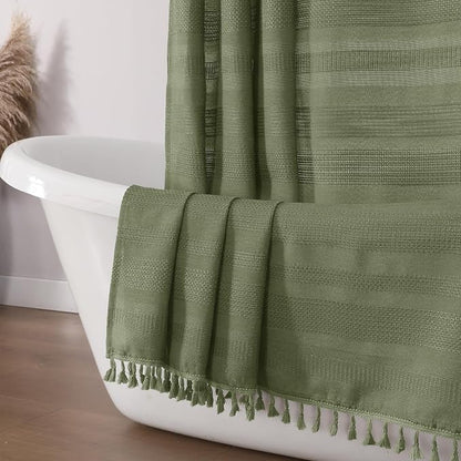 Sage Green Shower Curtain for Bathroom, Boho Linen Textured Shower Curtain with Tassel, Rustic Striped Heavy Duty Vintage Country Bathroom Curtain, 72Wx72L Inches