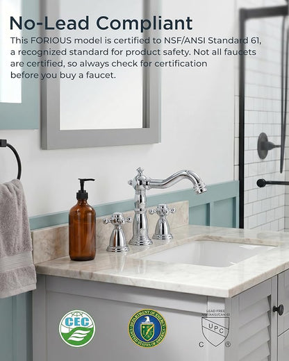 FORIOUS Bathroom Faucet 3 Hole Vintage 8 inch Widespread Sink Faucet Chrome | 6-12 inch 3-hole Install, 2 Cross Handle Antique Bathroom Sink Faucet for Vanity RV Farmhouse with Drain and Supply Lines