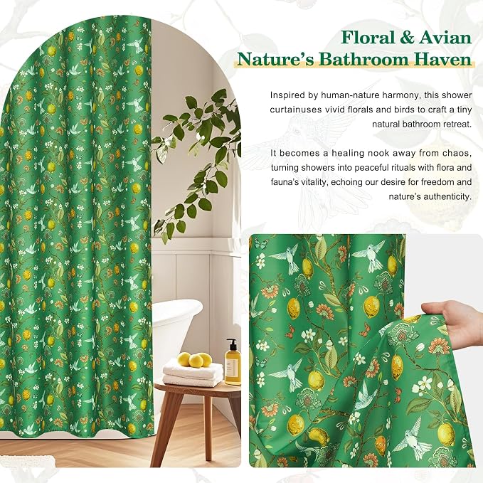Green Floral Bird Shower Curtain 72x72, Hummingbird and Lemon Botanical Fabric Bath Curtains, Lightweight Quick-Dry Bathroom Decor Set with Hooks, Deep Green