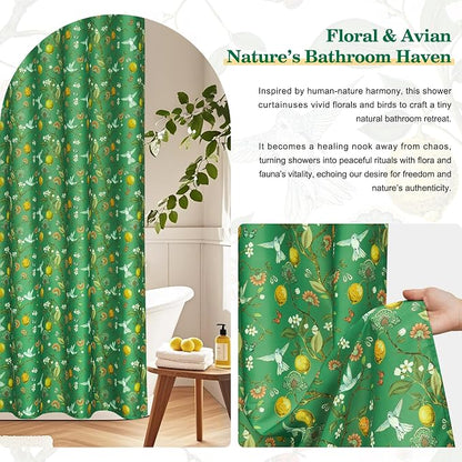Green Floral Bird Shower Curtain 72x72, Hummingbird and Lemon Botanical Fabric Bath Curtains, Lightweight Quick-Dry Bathroom Decor Set with Hooks, Deep Green
