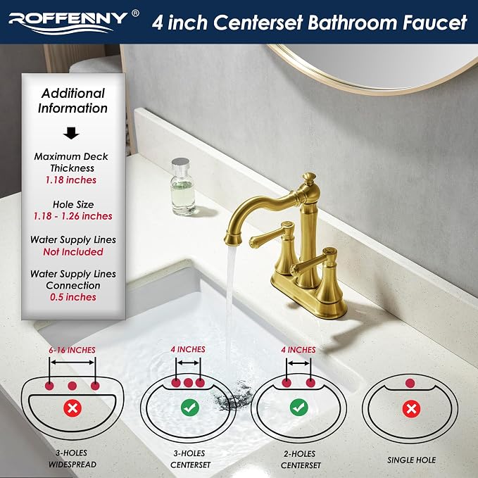 4" Centerset Brushed Gold Bathroom Faucets for 2/3-Hole Sinks | Includes Plastic Pop-Up Drain, Classic 4" Center Set Lavatory/Bath Vanity Faucets, 2-Handle High Arc 360° Swivel Brass Spout