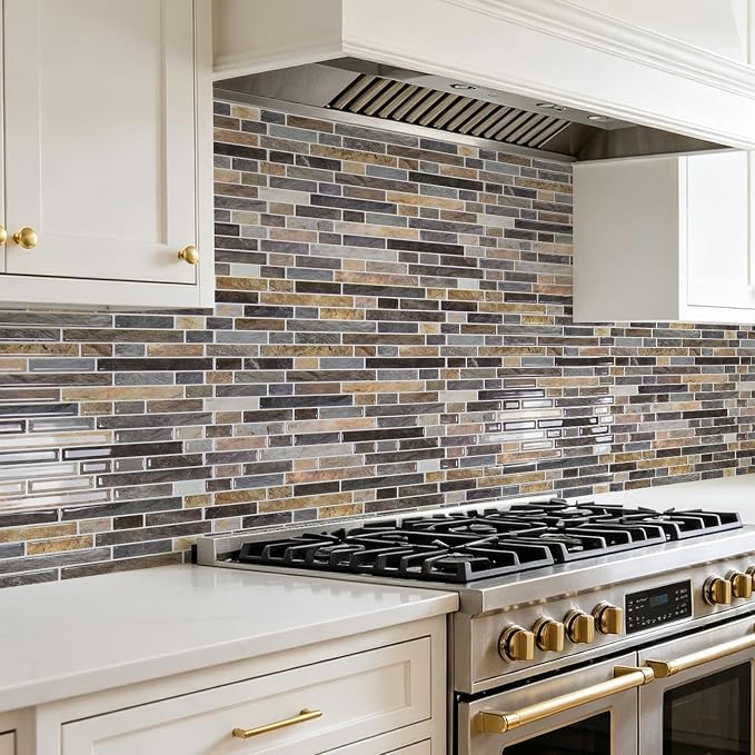 Art3d Linear Tile Peel and Stick Backsplash, 10-Pack, Vintage Sandstone | 12 x 12 Inch, Enhanced Thickness, Warp Resistant, Strong Adhesion, Sturdy, for Kitchen, Bedroom, Ideal for Home Improvement