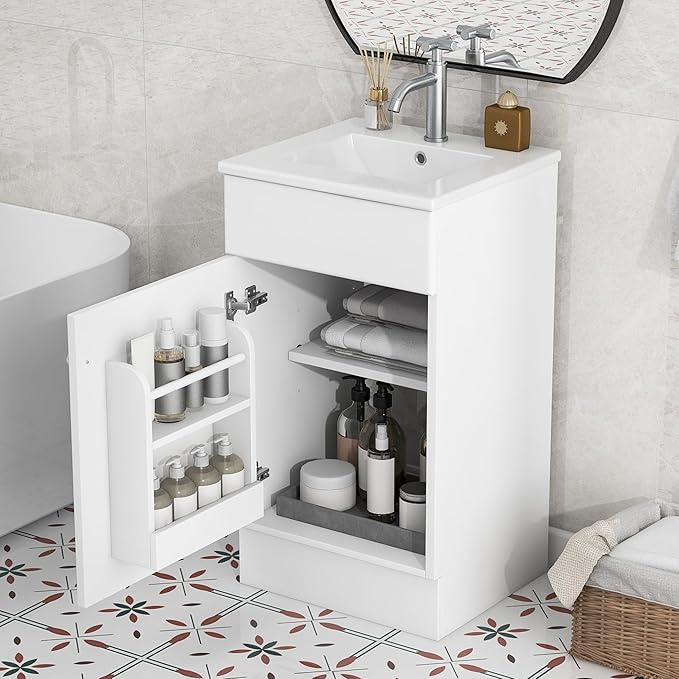 Christopher Knight Home Doreen 18" Bathroom Vanity with Ceramic Sink, Bathroom Vanity Cabinet with Door Organizer,Wooden Bathroom Storage Cabinet with Adjustable Shelf,Pedestal Sink with Storage,White