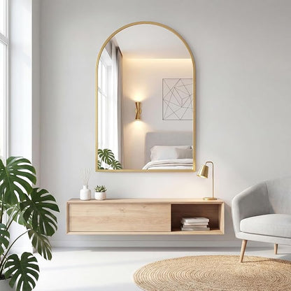 OLIXIS Arched Bathroom Wall Mirror, Vanity Mirror, 20x30 | Matte Metal Frame, Tempered Glass Shatterproof, Home Decor, Living Room, Gold