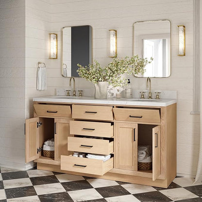 ARIEL Hepburn 66-inch Bathroom Vanity with Sink,Solid Wood, 1.5-inch Carrara White Quartz Countertop & Backsplash, Double Oval Porcelain Sink, 4 Soft Closing Doors, 6 Dovetail Drawers, White Oak