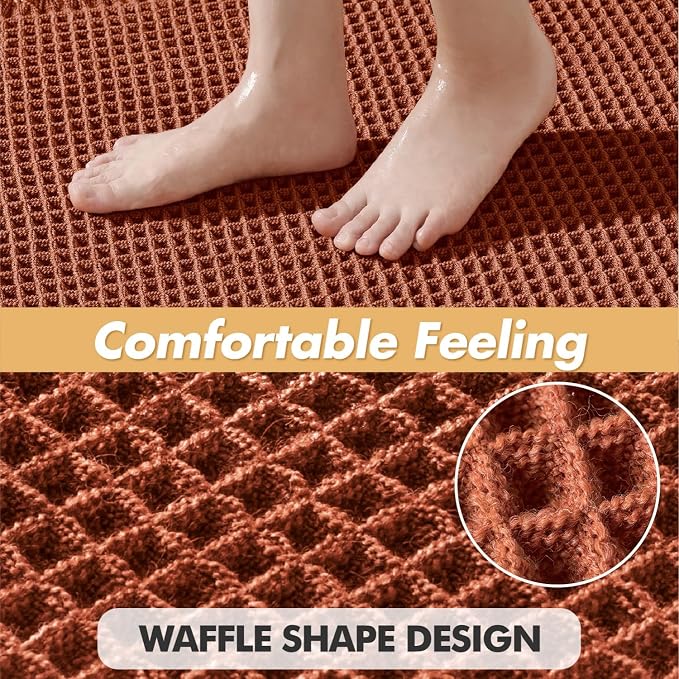 MIULEE Fall Rust Set of 2 Waffle Bathroom Rugs Boho Mat 17"x24"+18"x30" | Non Slip, Super Absorbent, Washable, Ultra Soft, Rubber Backed, Small Bath Rugs for Bathroom Floor Tub Shower