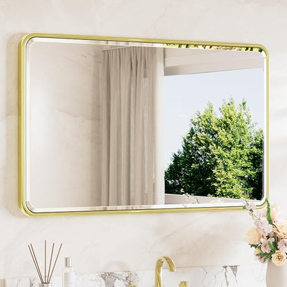 Brushed Gold Mirrors for Wall 40 x 24 Beveled Edge Tempered Glass, Rounded Corner Rectangle Framed Mirror for Modern Bathroom, Living Room, Bedroom, Entryway