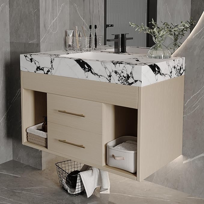 30" Modern Bathroom Vanity Sink Set Wall-Mounted Bathroom Vanities with Marble Sintered Stone Top&Ceramic Sink 30 inch Floating Bathroom Sink Cabinet with 2 Drawers&2 Cabinets