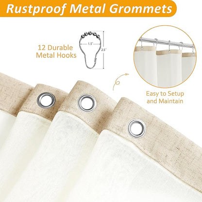 Extra Long Linen Shower Curtain 84 Inches Ivory Double Layer | 7ft, Curtains with Hook for Bathroom, Snap in Liner, Water Repellent, Boho Farmhouse, Modern Bath Decor, 1 Panel, 72x84