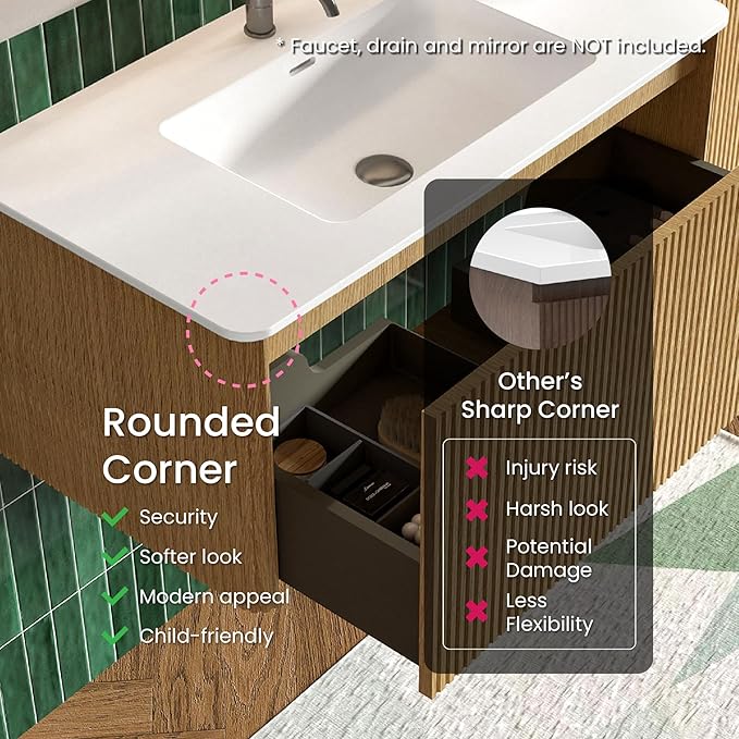 36" Bathroom Vanity with Sink, Modern Floating Vanity with Push Open Soft Close Drawer, Large Storage for Bathroom, Apartment, Hotel, Natural Oak, Fully Assembled - Camellia Collection