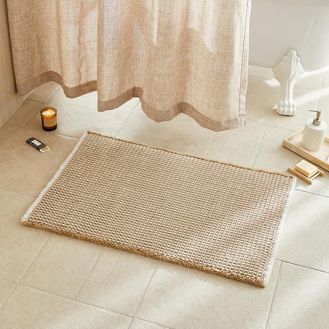 TYUU Waffle Bath Mat, Boho Bathroom Rugs Non Slip, 36x24 Khaki & White | Super Absorbent Quick Dry Bath Rug, Non-Slip Backing, Soft Waffle Washable Farmhouse Bathroom Mats, Tub, Shower & Home Decor
