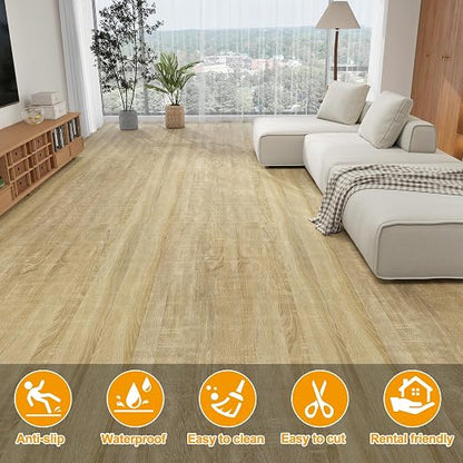 Countewol Stick Vinyl Flooring Roll, Light Oak Wood Grain Self Adhesive PVC Floor Sheet, Waterproof, Scratch Resistant & Removable Vinyl Floor Covering for Kitchen, Bedroom, RV, Apartment DIY