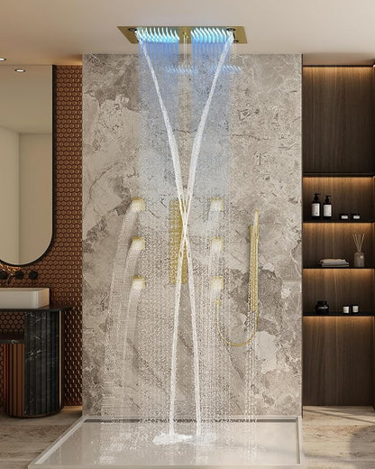 CASAINC 27x16 Inch Thermostatic Shower System Luxurious 6 Functions Full Body Shower System with Sliding Rod 2 in 1 Handheld, LED & Music (Brushed Gold)