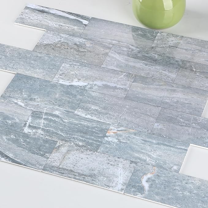 2026 New Upgrade Peel and Stick Backsplash Tile, Peel and Stick 11.34" X 11.57" Wall Tile for Kitchen, Bathroom, Fireplace, Laundry (Polished Marble Cyan, 20 Packs)