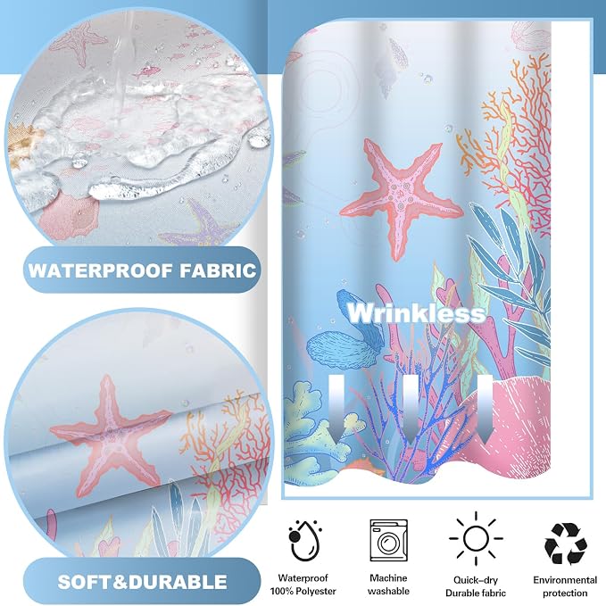 No Hook Shower Curtain and Liner Set, Blue Pink Beach Coastal 71x74 | Nautical Ocean for Bathroom, with Snap in Liner Replacement, Mesh Top Window, Waterproof, Machine Washable, Quick-Drying
