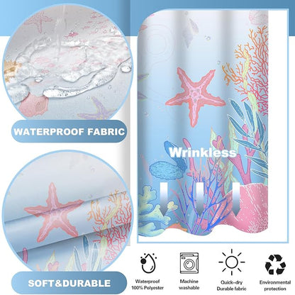 No Hook Shower Curtain and Liner Set, Blue Pink Beach Coastal 71x74 | Nautical Ocean for Bathroom, with Snap in Liner Replacement, Mesh Top Window, Waterproof, Machine Washable, Quick-Drying