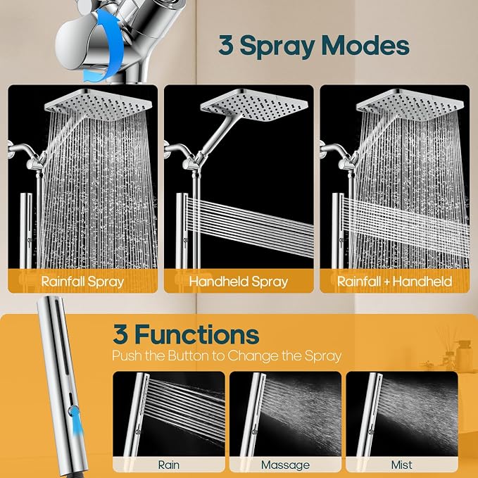 Hombeter High Pressure Rain Shower Head with Handheld Combo, 10 Inch Square Rainfall Showerhead, Adjustable Slide Bar Dual Shower System, 3 Spray Modes, 59" Stainless Steel Hose,Chrome