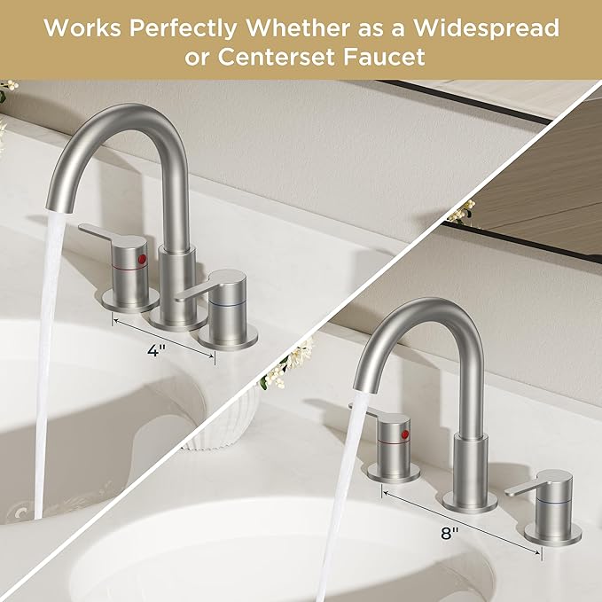 QFN Bathroom Faucets 3 Hole Brushed Nickel, 8 Inch Widespread Vanity Sink Faucet with Aerator, 2 Handle 360° Swivel High Arc Spout, Spot-Free Finish, cUPC NSF Certified and CEC & DOE Compliant