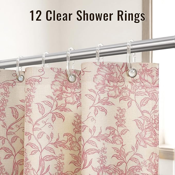 Farmhouse Pink Floral Shower Curtain with 12 Clear Rings 72"W x 72"L | Boho Fabric Faux Linen Shower Curtain Set, Vintage Cottagecore Shower Curtain for Bathroom