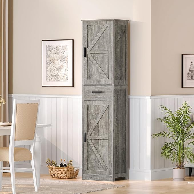 WEENFON Tall Bathroom Cabinet, Storage Cabinet with 6 Shelves & Drawer, Bathroom Storage Cabinet with Adjustable Shelves, Tall Cabinet for Living Room, Home Office, Grey