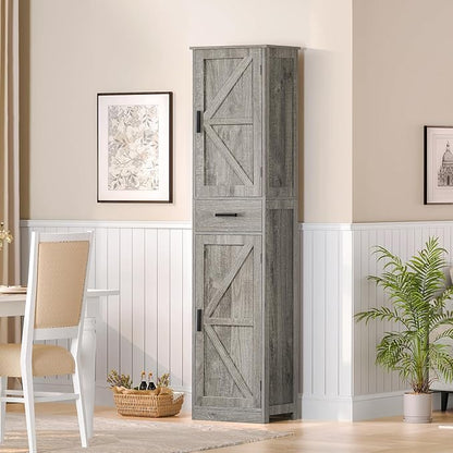 WEENFON Tall Bathroom Cabinet, Storage Cabinet with 6 Shelves & Drawer, Bathroom Storage Cabinet with Adjustable Shelves, Tall Cabinet for Living Room, Home Office, Grey