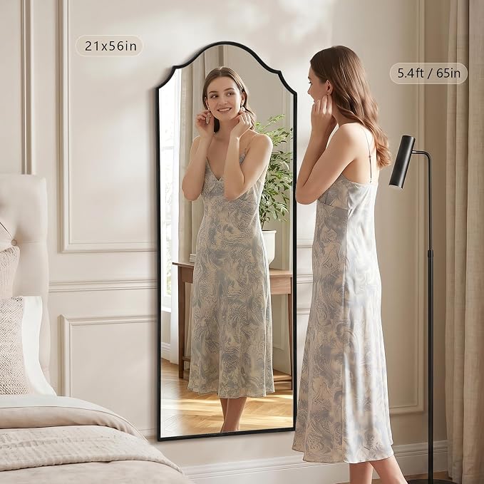 Besdomus Scalloped Full Length Mirror: 21"x56" Black Arched Floor Mirror | Classical Minimalist Wooden Frame Body Long Mirror for Wall/Bedroom/Cloakroom/Entryway/Living Room - Home Decor for Housewife