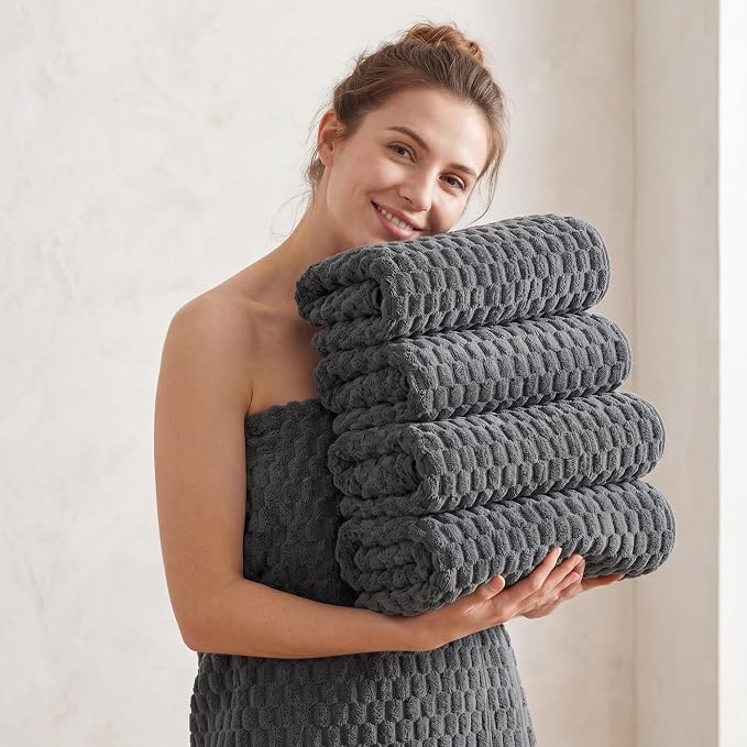 REDKISS 4 Pack Charcoal Gray Microfiber Bath Towels - Large Shower Towels Set for Bathroom, Super Absorbent Towel Set of 4 Lagre, Quick Dry Bathroom Towel for Spa, Gym,Travel, Lint Free, Ultra Soft
