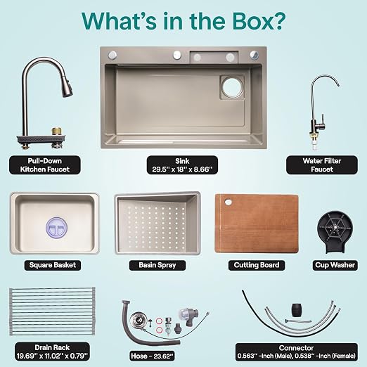 SereneLife Stainless Steel Kitchen Sink | Undermount & Drop-In Installation |13 Gauge & 30"L x 18"W x 9"H IN | Includes Faucet, Drain Rack, Strainer Basket, Cutting Board & Cup Washer | Gray