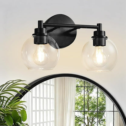 Bathroom Light Fixtures, Vanity Lights for Bathroom 2-Light Black, Bathroom Lighting Fixtures Over Mirror with Clear Glass Globe Shade, Bathroom Vanity Light for Living Room Kitchen Bedroom Hallway