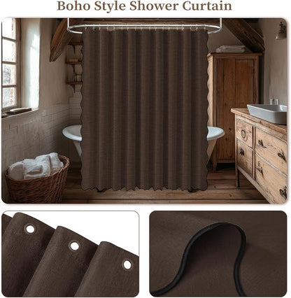 BTTN 108x72 Boho Scalloped Linen Textured Cloth Shower Curtain Set, Brown | Extra Wide Size, 230GSM Waterproof Polyester, Heavy Duty Fabric, 18 Plastic Hooks, Modern Farmhouse Style, Machine Washable
