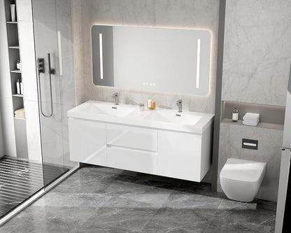 60 Inch Floating Bathroom Vanity with Double Sink, Large Storage Wall Mounted Floating Vanity with 2 Soft Close Drawers & 2 Doors, One-Piece Basin Bathroom Sink Cabinet, Glossy White, Double sink