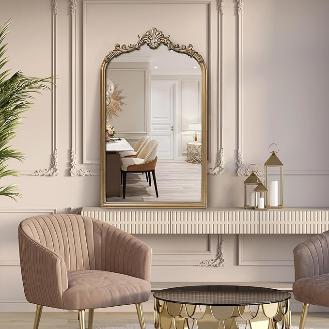 English Estate Carved Arch Wood Wall Mirror, Mirror for Entryway, Living Room, Bathroom, Antique Gold, 20.4x33