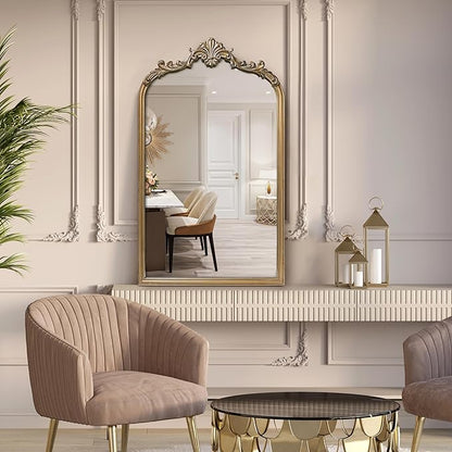 English Estate Carved Arch Wood Wall Mirror, Mirror for Entryway, Living Room, Bathroom, Antique Gold, 20.4x33